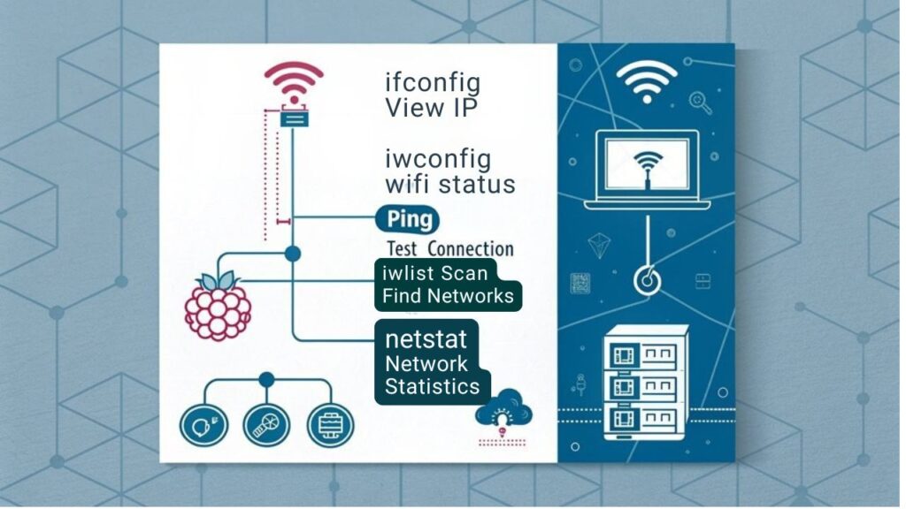 An infographic showing basic network commands for Raspberry Pi in a minimalist design with connecting lines and icons representing each command function. Use blue and white color scheme with tech-inspired graphics.