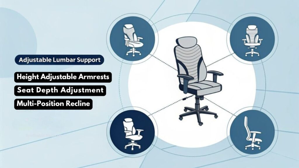 An infographic using clean lines and flat icons to show 5 essential features that enhance productivity with ergonomic chairs