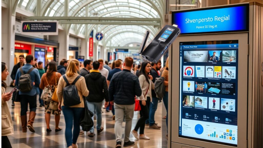 A busy public space featuring an interactive kiosk with a Mele PCG02 mini PC floating in front of it, showing dynamic information displays and a user-friendly interface.