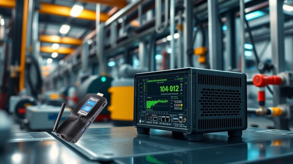 A tech-savvy industrial setting with a MeLe PCG02 mini PC handling real-time data processing at the edge of a network, with industrial sensors and machinery in view.