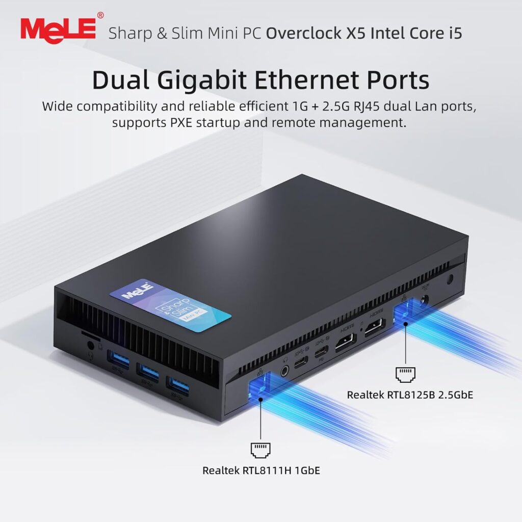 Close-up of the Mele Overclock X5's rear panel highlighting the dual Gigabit Ethernet ports (Realtek 1GbE and Realtek 2.5GbE) with connectivity indicators lit up.