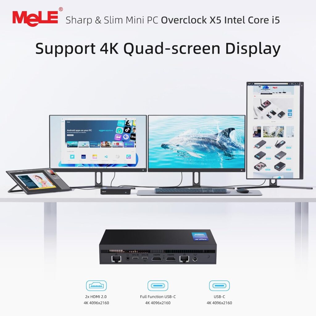  Mele Overclock X5 mini PC driving a quad-screen workstation setup with four monitors displaying different content, demonstrating its multi-display capability.