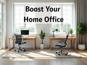 a modern home office with ergonomic furniture, natural light, minimal style, showing SGS certified home office furniture