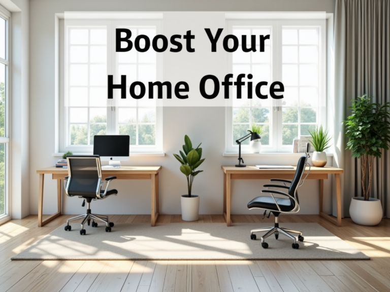 a modern home office with ergonomic furniture, natural light, minimal style, showing SGS certified home office furniture