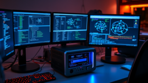 A high-tech workspace featuring a compact mini PC setup running multiple virtual machines, with screens displaying cybersecurity tools and network diagrams. The environment is illuminated by the glow of monitors, emphasizing a modern and sophisticated cybersecurity lab.