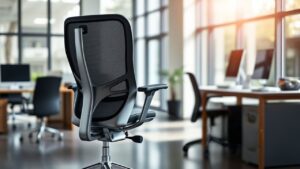 A realistic image of an ergonomic office chair in a modern home office setting, featuring sleek mesh backrest, adjustable lumbar support, and polished aluminum base.