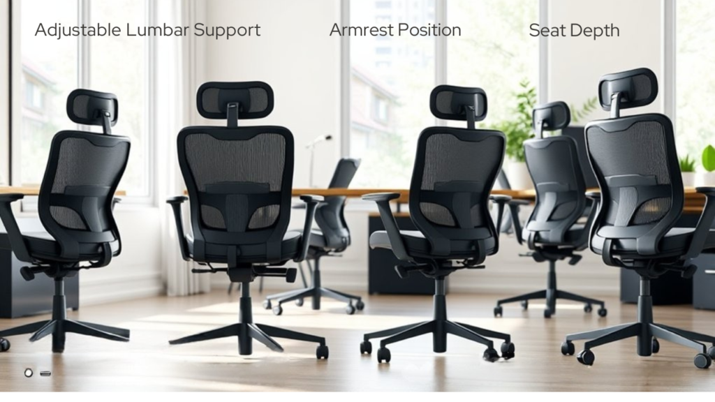 Factors that affect ergonomic office chairs for home offices include adjustable lumbar support, armrest and seat depth