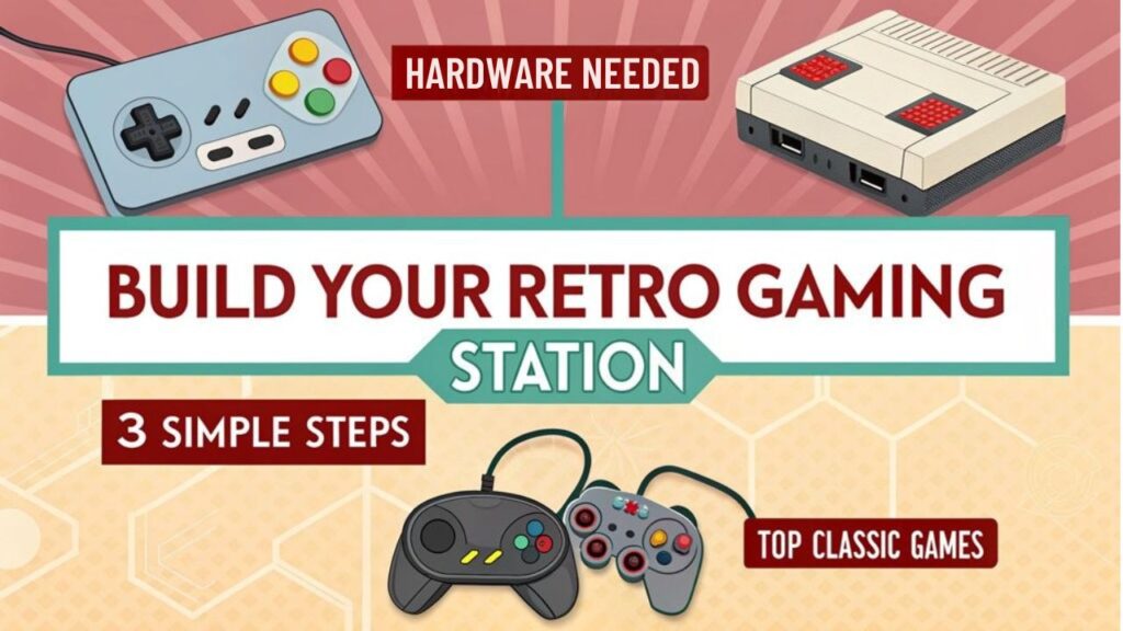 An infographic showing a Raspberry Pi-powered retro gaming console project with colorful, nostalgic 8-bit graphics. Display components needed (Raspberry Pi 4, controllers, case), steps to build (RetroPie installation, ROM setup), and highlight why Raspberry Pi projects for DIY enthusiasts (nostalgia, game library, customization) are popular