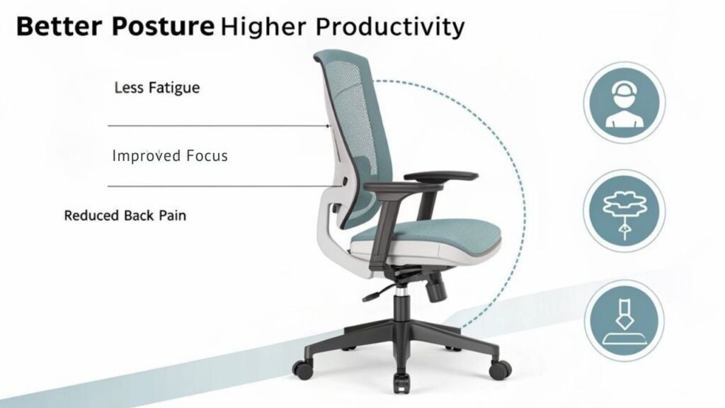 An infographic depicting a modern office chair with labeled ergonomic features, using simple icons and clean lines. Show arrows pointing to key comfort zones: lumbar support, adjustable armrests, and seat height. Use soft blues and grays.