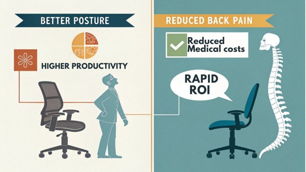 An infographic showing a split design comparing health benefits and cost savings of ergonomic seating, using icons of human spine, dollar signs, and office chairs. Simple illustrations demonstrate proper posture versus poor posture, with arrows pointing to key impact areas.