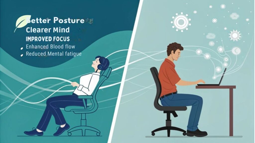 An infographic showing a split view of two office workers - one with proper posture in an ergonomic chair for better focus, surrounded by bright, flowing energy lines and clear thought bubbles, versus one hunched over in a basic chair with dark, cluttered thought bubbles.