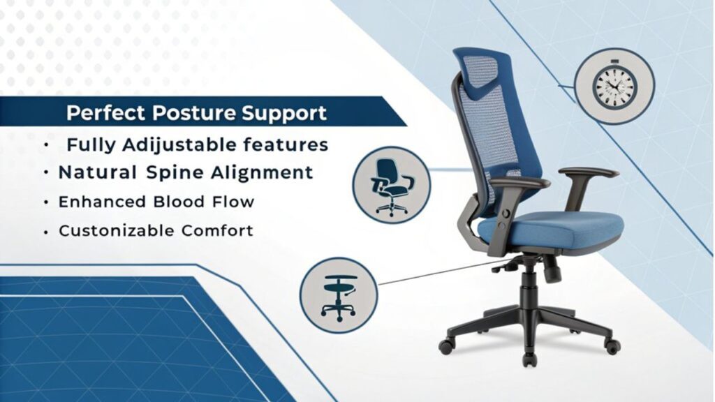 An infographic showing a modern office chair with labeled arrows pointing to key ergonomic features that enhance focus. Use a clean, minimalist design with blue and gray tones. Include iconic representations of proper posture, lumbar support, adjustable armrests, and seat depth.