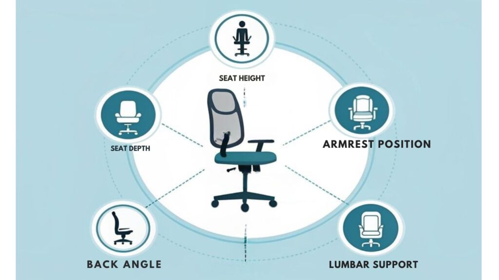 An infographic using minimalist icons showing 5 chair adjustment features arranged in a circular pattern against a soft blue background. Each feature connects to a central office chair illustration with subtle arrows.