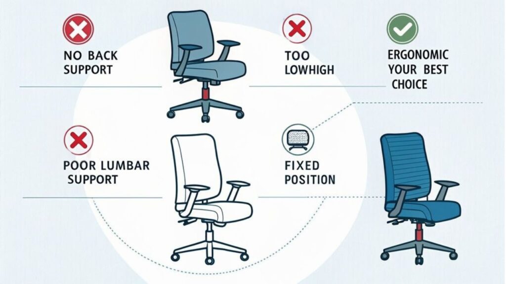 An infographic using clean line drawings showing five office chairs with red X marks over four incorrect choices and a green checkmark over the ergonomic chair. Use muted blue and gray colors. Simple icons highlight poor posture points and proper ergonomic features.
