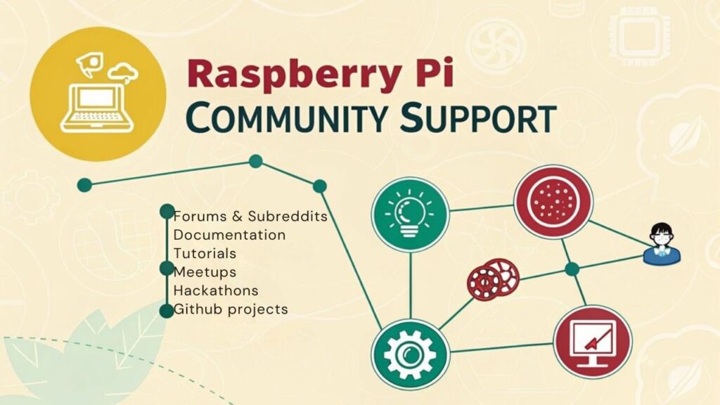 An infographic showing community resources for Raspberry Pi programming beginners, featuring interconnected nodes representing online forums, tutorials, workshops, and GitHub repositories. Use bright, engaging colors with simple icons representing support channels.