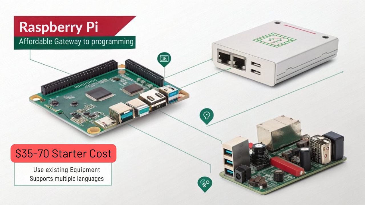An infographic showing Raspberry Pi's affordability compared to other hardware options for learning programming. Include illustrations of the Pi's components, cost ranges ($35-70), and how it connects to existing equipment like TVs/keyboards. Emphasize its low barrier to entry for beginners and versatility across programming languages.