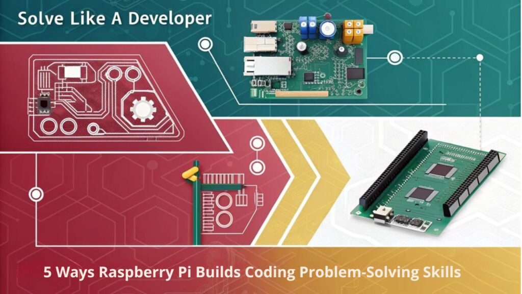An infographic showing 5 ways Raspberry Pi projects enhance problem-solving skills for programming beginners. Use vibrant tech-inspired visuals with circuit patterns. Include coding snippets, hardware components, and arrows showing learning progression from basic to advanced problem-solving.