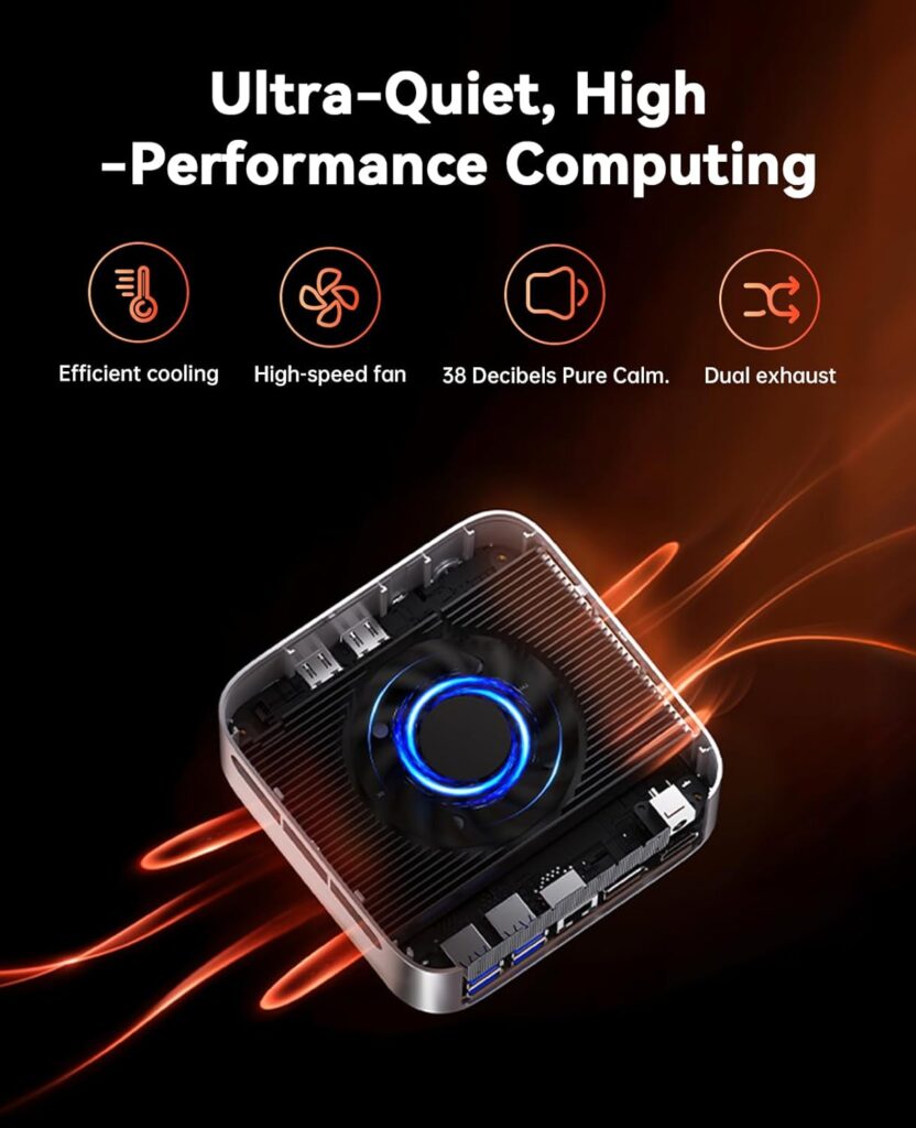The ACEMAGIC M1 Mini PC has a combination of a high speed fan and dual exhaust that keeps it cool and quiet, running at a whispering 38 decibels.