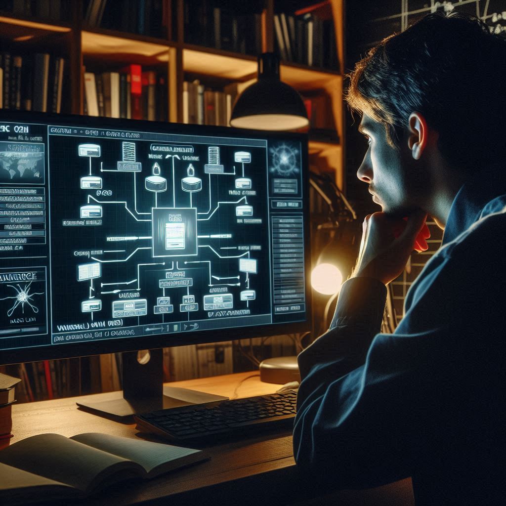 A student seated at a desk in a dimly lit room, attentively watching a computer screen displaying the course on building a cybersecurity lab with a mini pc. The screen shows diagrams of network setups and virtual machines, with text highlighting 'Kali Linux' and 'Vulnerable VMs.' The room is illuminated by the glow of the monitor, emphasizing the student's focused expression as they take notes. The background features bookshelves filled with technical manuals and a whiteboard with sketches of network topologies."