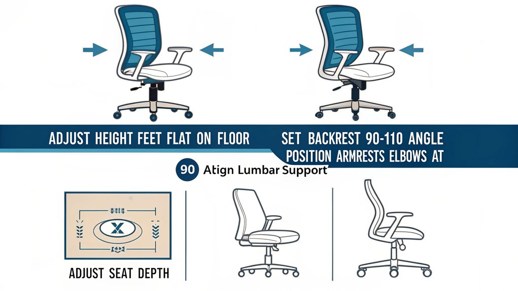 An infographic using a clean, minimalist design showing 5 key adjustment points on an office chair - seat height, backrest angle, armrest position, lumbar support, and seat depth. Use blue and white color scheme with simple arrows indicating movement directions.