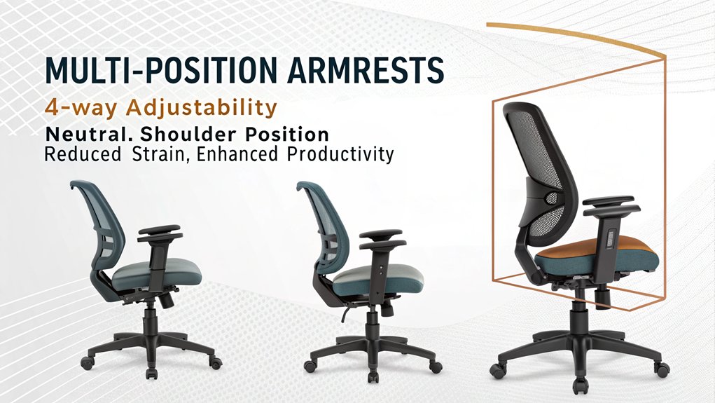 An infographic showing the functionality of multi-position armrests on an ergonomic office chair. This is among the ergonomic chair features for enhanced productivity. Include 3 adjustment positions (height, width, pivot) with arrows indicating movement range. Use a color scheme of blue and gray. Demonstrate how proper arm support reduces shoulder strain and improves typing posture.