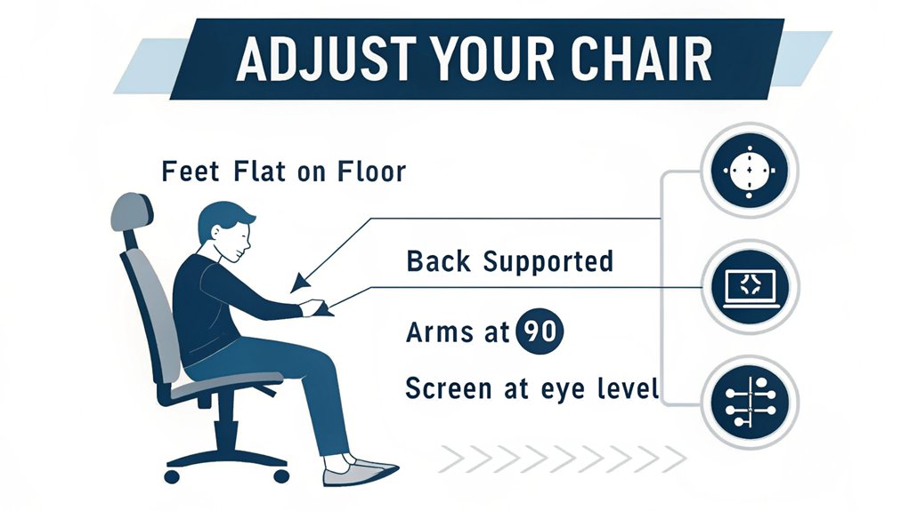 An infographic using simple icons and arrows demonstrating how to adjust an ergonomic chair's features for proper posture. Show a person sitting correctly with callouts for seat height, backrest angle, armrest position, and lumbar support in a clean, minimalist style with blue and gray colors