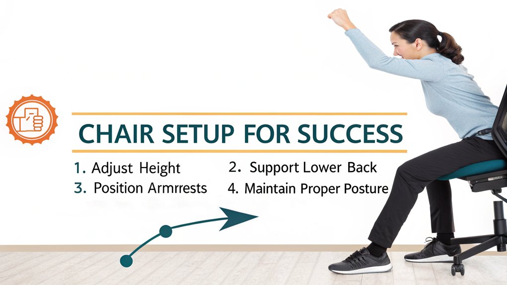 An infographic showing step-by-step guide to properly adjust an ergonomic chair, featuring a person demonstrating correct posture with feet flat on floor, back supported, arms at right angles. Use arrows to highlight key adjustment points like seat height, lumbar support, and armrest positioning.