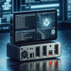 A compact mini PC with a cybersecurity lab running multiple virtual machines, displaying Kali Linux and vulnerable VMs interfaces, set in a high-tech cybersecurity lab environment.