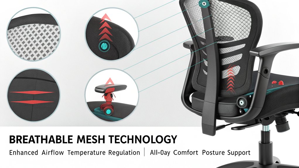 An infographic illustrating breathable mesh back construction in ergonomic chairs, showing airflow patterns, temperature regulation benefits, and how it prevents body heat buildup during long work sessions. Include a cross-section view of mesh material and visually demonstrate its impact on posture support and productivity.