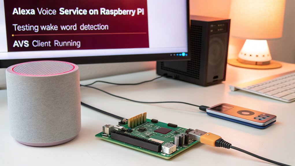 A realistic image showing a Raspberry Pi connected to a small speaker and microphone on a clean desk. A developer is testing voice commands with a terminal showing "Alexa" response logs. Warm ambient lighting illuminates the DIY setup with AVS code visible on a nearby monitor.