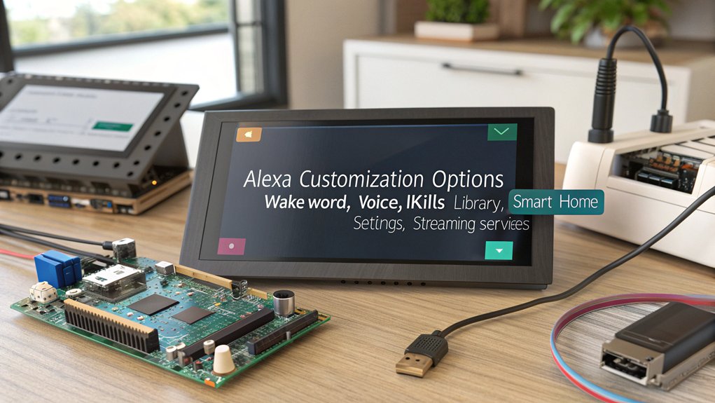 A realistic image of a Raspberry Pi unit with an Alexa interface being customized. The setup shows a screen displaying various customization menus with options for skills, voice recognition, and home automation. Visible components include the Pi board, speakers, and a microphone in a modern home office setting.
