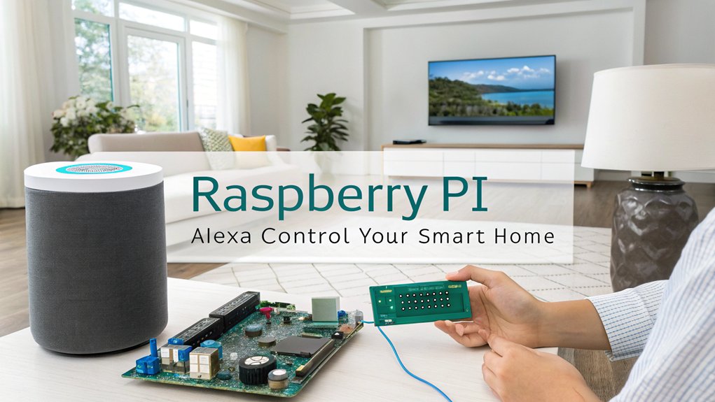 A realistic image showing a person setting up a Raspberry Pi connected to speakers, with an Alexa interface visible on a screen. The Pi is surrounded by smart home devices like bulbs, plugs, and thermostats, all glowing with blue light indicating Alexa connectivity in a modern living room.