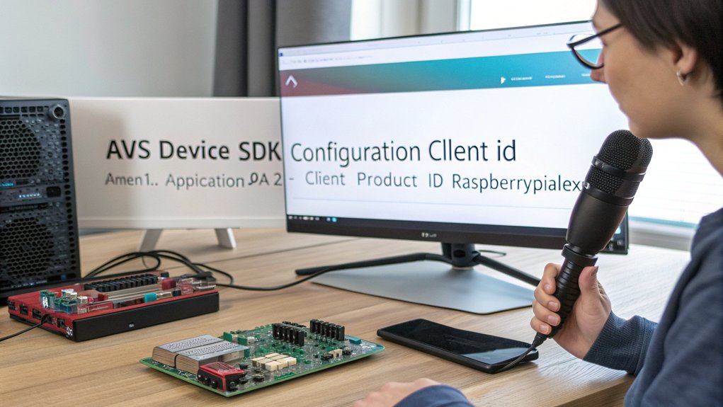 A realistic image of a person configuring Alexa Voice Service on a computer screen, with a Raspberry Pi connected to a microphone array visible on a desk. The setup shows terminal windows with configuration steps and the AVS dashboard interface.