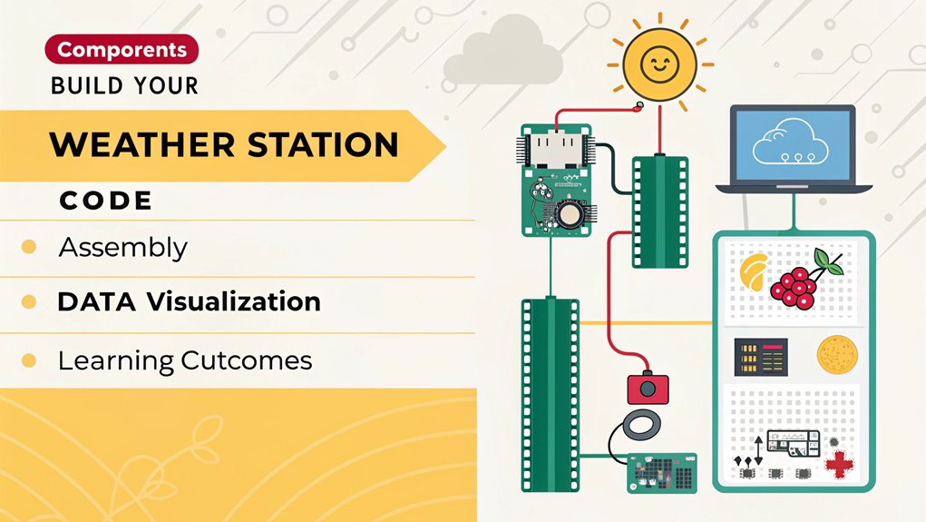 An infographic showing a step-by-step guide to build a Raspberry Pi weather station for students. Include components needed (Pi, sensors, display), assembly steps, Python code snippets, and real-time data visualization. Use bright colors, simple icons, and an engaging layout.
