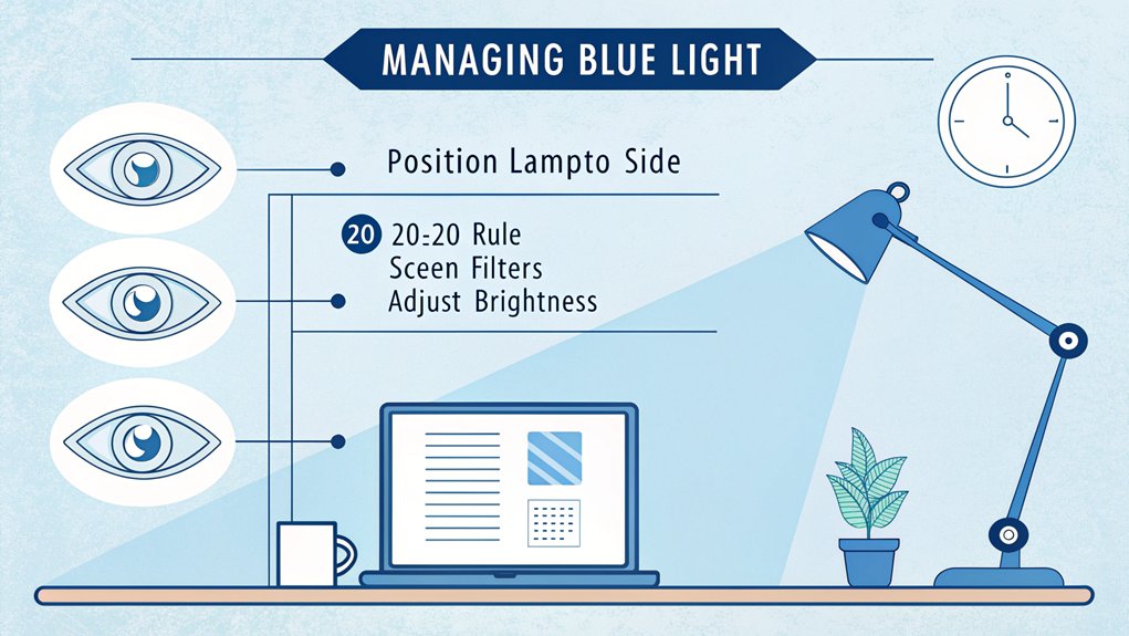 n infographic showing 4 practical ways to reduce blue light exposure at a workspace: proper desk lamp positioning, 20-20-20 rule, blue light filters, and proper screen brightness. Use a calming blue and white color scheme with simple eye icons and arrows demonstrating correct techniques.