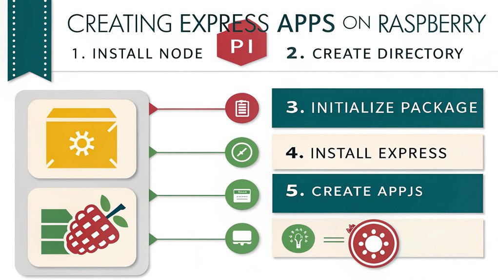 An infographic showing step-by-step process for creating a basic Express application on Raspberry Pi, featuring NodeJS installation, directory setup, package initialization, Express installation, and a simple server setup. Use colorful icons for each step with code snippets shown in terminal windows.
