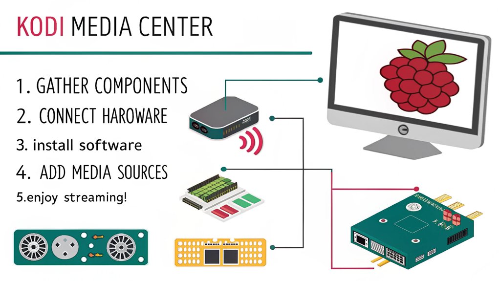 An infographic showing step-by-step assembly of a Raspberry Pi Kodi media center for students. Include colorful icons of components needed, connection diagrams, software installation steps, and finished media center displaying movies/music. Show how Kodi organizes media and streams content from various sources.