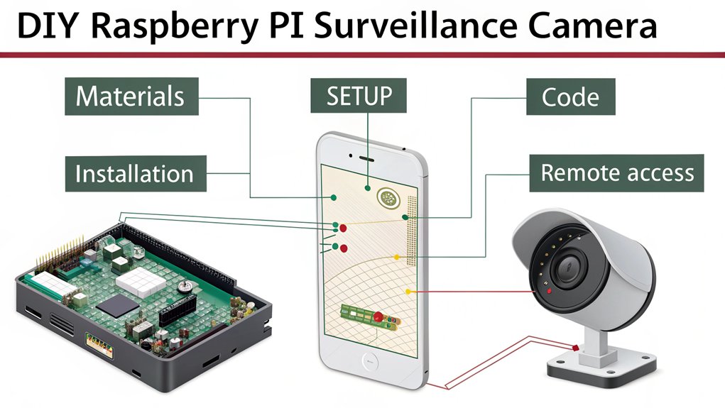 An infographic showing step-by-step instructions for building a Raspberry Pi surveillance camera. Include required components, wiring diagram, Python code snippet, and mounting suggestions. Show a finished camera monitoring a room with motion detection alerts on a smartphone.
