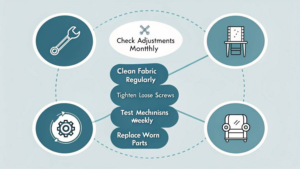An infographic using minimalist icons and soothing blue-gray colors showing 5 key maintenance tips for ergonomic chairs. Each tip is represented by a simple illustration with a wrench, cleaning cloth, or adjustment tool. Clean layout with tips arranged in a circular pattern.