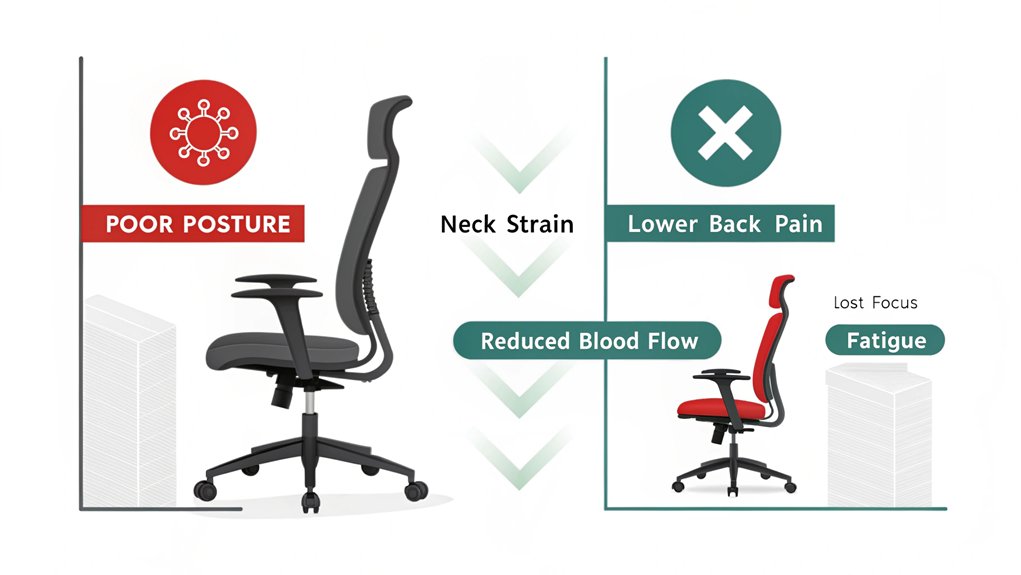 An infographic showing a split view of two office chairs: a basic chair with red warning indicators and an ergonomic chair with green checkmarks. Use minimalist icons to illustrate poor posture, back pain, and decreased focus versus proper alignment and improved productivity.