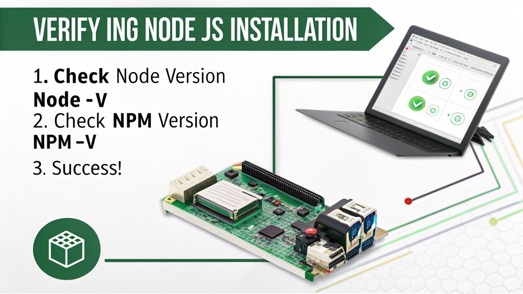 An infographic showing the simple steps to verify the installation of Nodejs with express on a Raspberry Pi. Use green checkmarks for successful verification commands, and include terminal screenshots showing the commands "node -v" and "npm -v" with version numbers displayed.