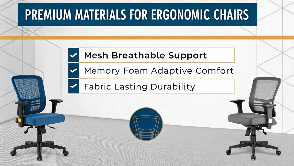 :An infographic showing ergonomic chair materials in a modern office setting, using simple icons and color blocks. Features three quality materials - mesh back, memory foam seat, and breathable fabric - with visual representations of each. 