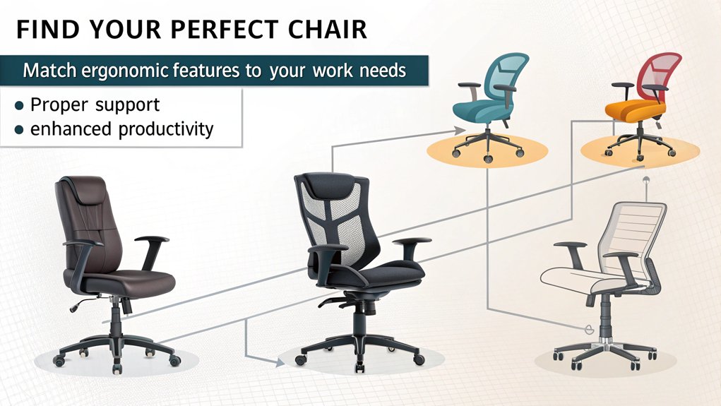 An infographic showing how to select the right ergonomic chair, featuring different chair types (task, executive, kneeling, ball) with key ergonomic features highlighted: lumbar support, seat depth, adjustable armrests, and height settings.