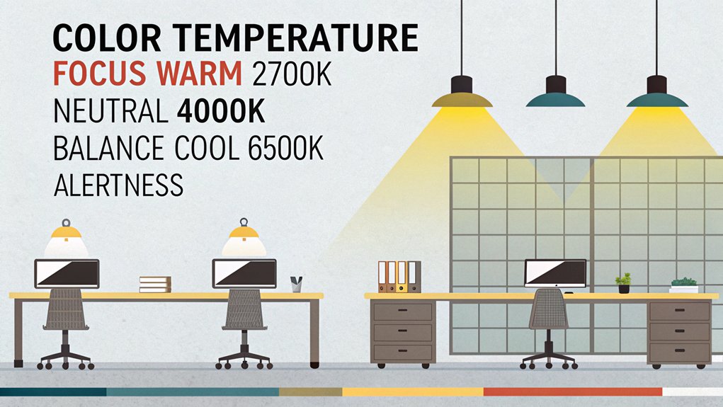 An infographic showing how color temperature (Kelvin scale) affects focus in workspace lighting. Include visual comparison of warm (2700K), neutral (4000K), and cool (6500K) lighting, brain activity patterns under each, and ideal temperature ranges for different tasks.