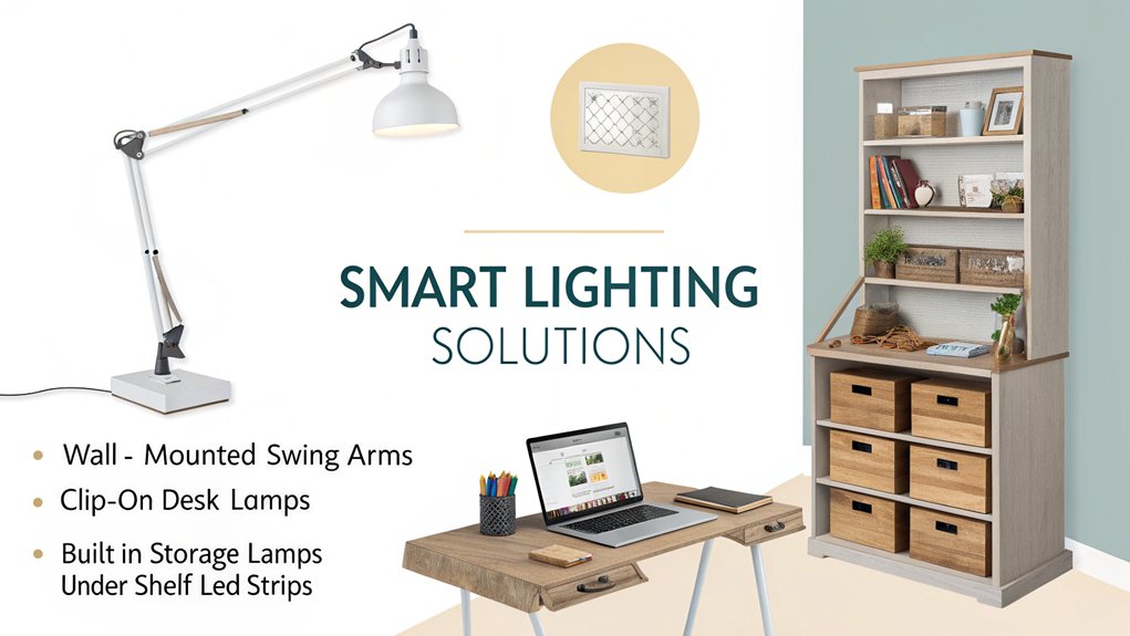 An infographic showing 5 space-saving desk lamp solutions for small home offices, illustrated in a clean, modern style. Include wall-mounted lamps, clip-on options, desk lamps with built-in storage, LED strip lighting under shelves, and multifunctional desk organizers with integrated lighting.