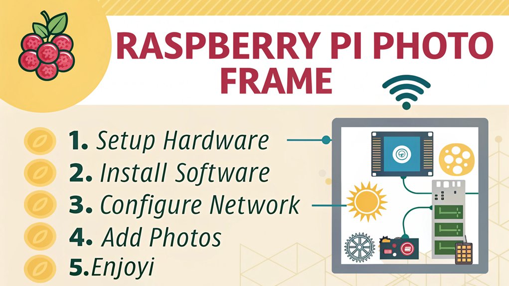 An infographic showing setup steps for a networked digital photo frame using Raspberry Pi. Include hardware components (Pi, display, SD card), software installation, network configuration, and photo management. Use bright colors and simple icons to illustrate each step.