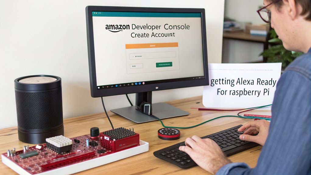 A realistic image showing a person setting up an Amazon Developer Account on a computer screen. The desk has a Raspberry Pi device, connecting cables, and a small Alexa-enabled speaker nearby. The computer screen displays the Amazon Developer portal sign-up page. This is the start to getting Alexa on a Raspberry Pi