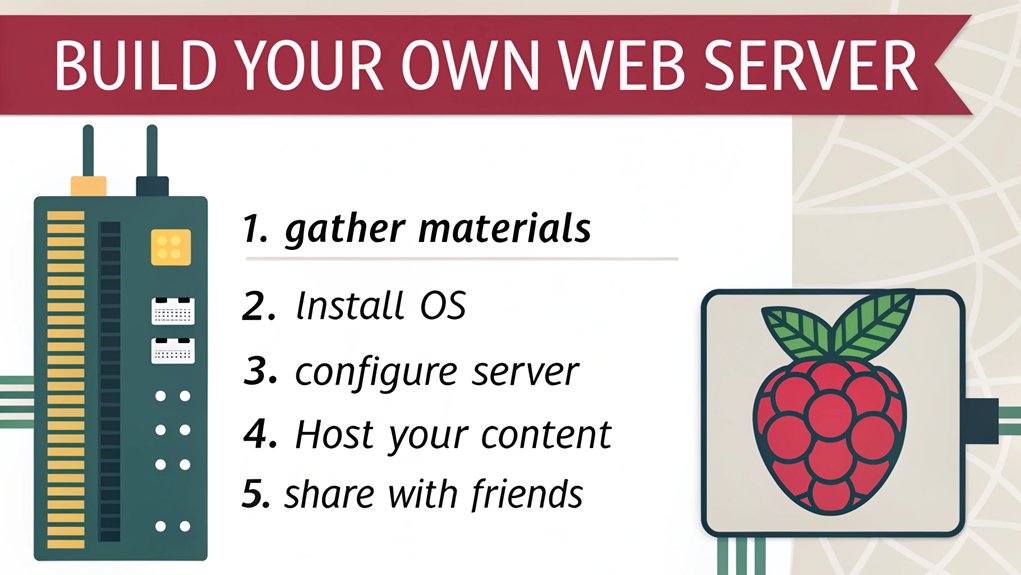 An infographic showing step-by-step how to create a personal web server using Raspberry Pi, with minimal technical jargon. Include equipment needed, basic setup instructions, and educational benefits for students learning web development.