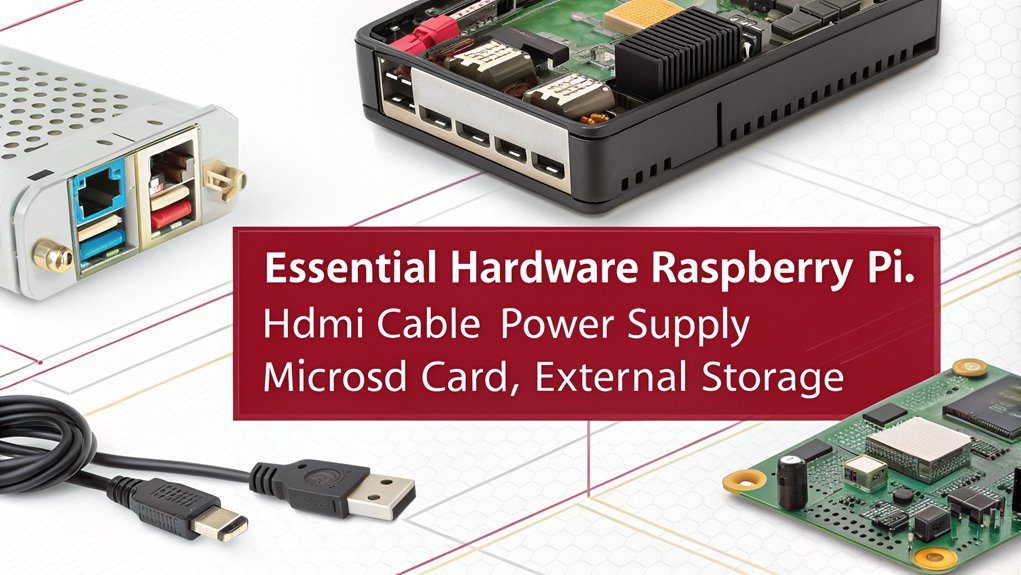 An infographic showcasing essential hardware components for top Raspberry Pi media center projects for beginners. Highlight key accessories like HDMI cables, storage options, and power supplies. The only text in the image is as follows: "Essential Hardware: Raspberry Pi, HDMI Cable, Power Supply, MicroSD Card, External Storage."