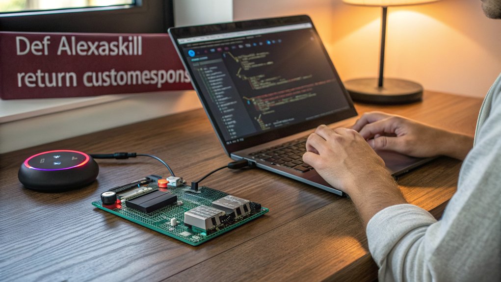 :A realistic image of a developer coding on a laptop connected to a Raspberry Pi with an Echo Dot nearby. The workspace shows Python code on the screen and voice command flowcharts. Warm lighting creates a productive atmosphere as Alexa skills come to life.